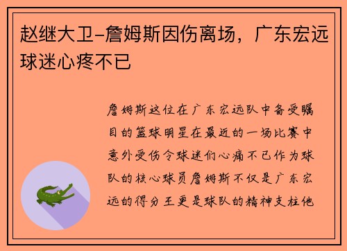赵继大卫-詹姆斯因伤离场，广东宏远球迷心疼不已