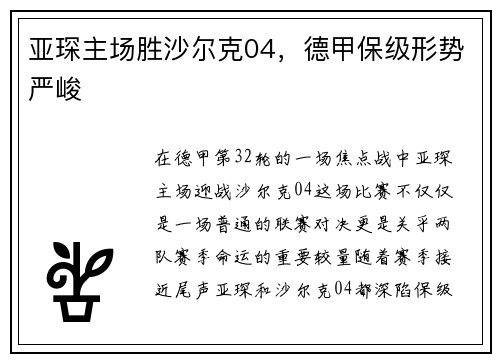 亚琛主场胜沙尔克04，德甲保级形势严峻